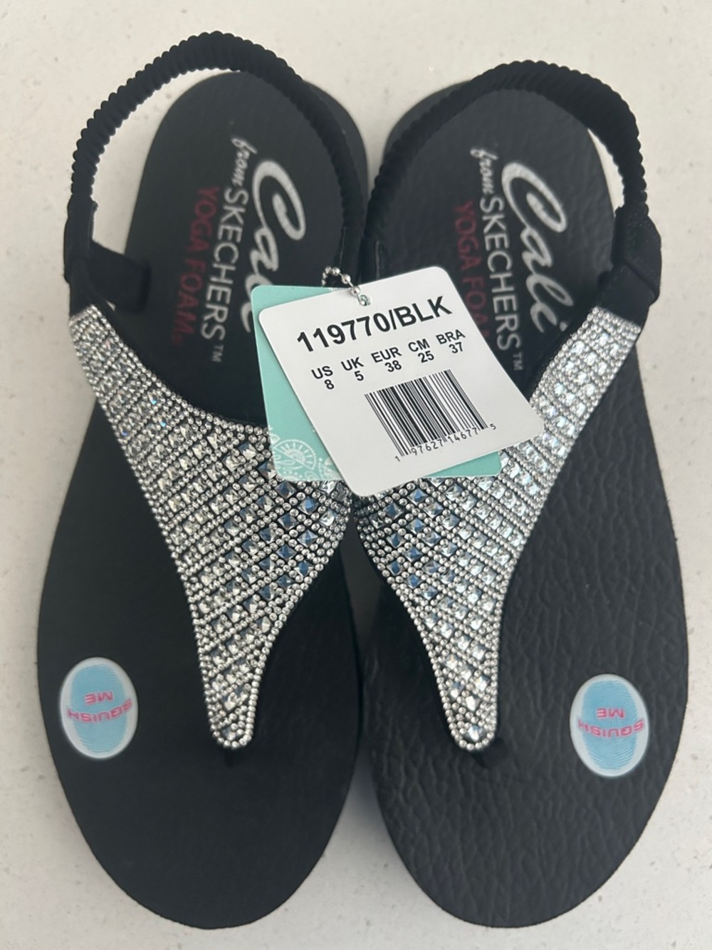 Skechers Cali Rockstar Black Slingback T‑Strap Sandal with Silver Rhinestones